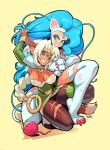  aisha_clanclan animal_humanoid ball_of_yarn bell bell_collar big_breasts big_hair blue_hair braided_hair braided_ponytail breasts brown_body brown_skin capcom cat_humanoid cleavage clenched_teeth clothed clothing collar crossover darkstalkers dipstick_tail duo edit eyebrows fangs felicia_(darkstalkers) felid felid_humanoid feline feline_humanoid female fight fur hair headlock hi_res humanoid mammal mammal_humanoid markings motion_lines outlaw_star paws pulling_hair reiq scratches sharp_teeth tail_markings teeth thick_eyebrows torn_clothing touching_hair video_games white_body white_fur white_hair yarn 
