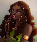  1girl absurdres aisha_(winx_club) armlet blue_eyes braid curly_hair dark-skinned_female dark_skin earrings english_commentary gold_armlet gold_earrings gold_nails gold_ring grey_background hand_up highres hoop_earrings jewelry long_hair parted_lips red_lips sfloreven single_bare_shoulder smile solo teeth thick_lips upper_teeth_only winx_club 