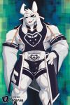 abs anthro asriel_dreemurr asriel_dreemurr_(god_form) black_sclera bovid bulge caprine croiyan fur goat hair hi_res male mammal muscular muscular_male nipple_piercing nipples pecs piercing pubic_tattoo solo tattoo tongue tongue_out undertale undertale_(series) white_body white_fur white_hair yellow_eyes