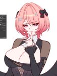  1girl art_program_in_frame black_bow black_dress black_wings bow breasts charlie_purrito cleavage dress hair_bow large_breasts looking_at_viewer medium_hair pink_eyes pink_hair pointy_ears ramiel_(zenless_zone_zero) simple_background smile solo unfinished white_background wings zenless_zone_zero 