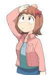  1girl alternate_eye_color amami_haruka aqua_shirt arm_up blush bow breast_pocket brown_eyes brown_hair closed_mouth collared_jacket hair_bow hand_on_own_head head_bump idolmaster idolmaster_(classic) jacket light_frown long_sleeves open_clothes open_jacket pink_jacket pocket red_bow shirt short_hair simple_background solo sweatdrop tsubobot upper_body white_background 