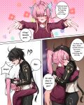 !? 1boy 1girl absurdres adoptive_parent_and_adoptive_child aemeath_(wuthering_waves) ahoge alternate_costume black_hair black_jacket black_pantyhose blush breasts commentary english_commentary english_text father_and_child father_and_daughter female_pervert gekhuay hair_intakes hair_ornament highres hug inseki jacket large_breasts long_hair long_sleeves male_rover_(perpetual_spark)_(wuthering_waves) male_rover_(wuthering_waves) open_mouth orange_eyes pantyhose parent_and_child pervert pink_hair pink_sweater ponytail rover_(wuthering_waves) smile star-shaped_pupils star_(symbol) struggling sweat sweatdrop sweater symbol-shaped_pupils wuthering_waves yellow_eyes 