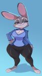  1girl animal_ears bigdad black_pants blue_background blue_jacket blue_shirt breasts cleavage commentary english_commentary furry hand_on_own_hip jacket judy_hopps large_breasts pants purple_eyes rabbit_ears rabbit_girl shirt smile solo zootopia 