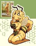  1girl abdomen_tail antennae arthropod_girl bee bee_girl bee_wings black_gloves black_sclera breasts bug colored_sclera commentary covering_breasts covering_privates extra_arms gloves honeycomb_(pattern) honeycomb_background insect_wings large_breasts long_hair original photo-referenced photo_inset pixel_art rolling_stone_(magazine) sabrina_carpenter seiza sitting solo stinger thighhighs thisislux wings 