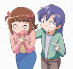  2girls amami_haruka blue_hair blue_skirt bow breast_pocket brown_eyes brown_hair brown_pants closed_eyes collared_jacket coughing cowboy_shot cup drinking_glass green_shirt hair_bow hand_on_another's_back holding holding_cup idolmaster idolmaster_(classic) jacket kisaragi_chihaya long_hair long_sleeves looking_at_another multiple_girls multiple_hair_bows open_clothes open_mouth open_shirt pants pink_jacket pocket red_bow shirt short_hair simple_background skirt standing sweatdrop tears tsubobot white_background 