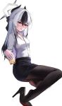  1girl absurdres bespectacled black_bow black_choker black_hair black_horns black_pantyhose black_skirt blue_archive blush bow breasts chinese_commentary choker cleavage collared_shirt commentary_request cup dated demon_horns glasses hair_between_eyes hair_bow halo high_heels highres holding holding_cup horns kayoko_(blue_archive) long_hair long_sleeves looking_at_viewer multicolored_hair office_lady pantyhose parted_lips pencil_skirt red_eyes shirt shoe_dangle simple_background skirt small_breasts solo two-tone_hair user_ygzf8427 white_background white_hair white_shirt 