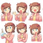  1girl :d :o ^_^ amami_haruka bow bowl breast_pocket brown_hair chopsticks closed_eyes closed_mouth collared_jacket cropped_torso crossed_arms food food_on_face green_eyes hair_bow hands_up holding holding_bowl holding_chopsticks idolmaster idolmaster_(classic) jacket long_sleeves multiple_hair_bows multiple_views open_mouth pink_jacket pocket red_bow rice rice_on_face short_hair sideways_glance simple_background smile tsubobot white_background 