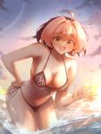  1girl ahoge bare_shoulders bent_over bikini black_bikini blush breasts cleavage collarbone embarrassed green_eyes h3p0 highres horizon lens_flare medium_breasts ocean original osu! pippi_(osu!) sunset swimsuit waving 