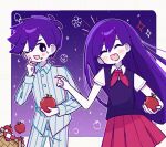  1boy 1girl antenna_hair apple blush bright_pupils closed_eyes collared_pajamas collared_shirt colored_skin commentary double-parted_bangs fang food fruit hair_between_eyes hero_(headspace)_(omori) hero_(omori) highres holding holding_food holding_fruit long_hair long_sleeves looking_at_another mari_(headspace)_(omori) mari_(omori) neckerchief nyannyanrone omori one_eye_closed open_mouth pajamas pants picnic_basket pleated_skirt purple_eyes purple_hair purple_sweater_vest red_neckerchief red_skirt shirt short_sleeves skin_fang skirt smile something_(omori) striped_clothes striped_pajamas striped_pants sweatdrop sweater_vest untranslatable_commentary vertical-striped_clothes vertical-striped_pajamas vertical-striped_pants white_pajamas white_pants white_pupils white_shirt white_skin 