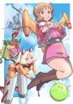  1boy 3girls absurdres animal_ears blonde_hair blue_eyes boots border brown_boots brown_eyes cat_ears cat_girl cat_tail char_aznable commentary_request dress earth_federation_space_forces fraw_bow freckles gun gundam gunperry haro highres holding holding_gun holding_weapon jetpack k_katora kemonomimi_mode long_sleeves mecha_pilot_suit miharu_ratokie military_uniform mobile_suit_gundam multiple_girls normal_suit_(gundam) pink_dress red_mask sayla_mass science_fiction short_hair sky tail weapon white_base white_border zeon 