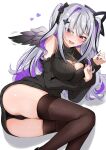  1girl :d absurdres amane_konata aran_sweater ass black_halo black_panties black_ribbon black_streaks black_sweater black_thighhighs black_wings breasts cable_knit cleavage_cutout clothing_cutout commentary feathered_wings gradient_wings grey_hair hair_over_one_eye hair_ribbon halo highres hololive large_breasts long_hair looking_at_viewer lying micon mini_wings multicolored_hair multicolored_wings on_side open_mouth panties pantyshot purple_eyes purple_hair ribbed_sweater ribbon shoulder_cutout simple_background single_hair_intake smile solo star_halo streaked_hair sweater thighhighs turtleneck turtleneck_sweater two_side_up underwear untranslatable_commentary virgin_killer_sweater virtual_youtuber white_background wings 