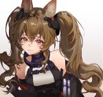  1girl angelina_(arknights) animal_ear_fluff animal_ears arknights arknights:_endfield bare_shoulders black_dress breasts brown_hair clothes_down coat commentary_request diamond-shaped_pupils diamond_(shape) double-parted_bangs dress fox_ears fox_girl gilberta_(arknights) grey_background hair_between_eyes hair_intakes headgear heartsleishideshuangmaweitoujinhearts highres large_breasts looking_at_viewer open_clothes open_coat red_coat red_eyes simple_background sleeveless sleeveless_dress solo symbol-shaped_pupils twintails upper_body 