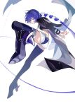  1girl absurdres arms_behind_back blue_boots blue_cloak blue_hair blue_shorts boots bound bound_wrists cloak closed_mouth commentary_request floating_hair from_side hair_over_one_eye high_heel_boots high_heels highres long_hair promeia_(zenless_zone_zero) purple_eyes shinakou shorts solo thigh_boots two-tone_shorts very_long_hair white_background white_shorts zenless_zone_zero 