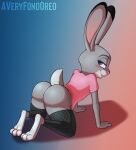  2021 3_toes all_fours anthro ass_up averyfondoreo big_butt bite biting_lip blush bottomless butt clothed clothing colored countershade_face countershade_feet countershade_hands countershading disney feet female fishnet fishnet_legwear fur grey_body grey_fur hi_res judy_hopps lagomorph legwear leporid looking_back mammal presenting presenting_hindquarters rabbit shaded signature solo toes zootopia 