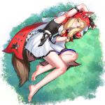  1girl absurdres animal_ear_fluff animal_ears apple arknights arknights:_endfield arm_strap arm_up armpits bare_legs barefoot belt black_belt black_gloves blonde_hair blush breasts cape closed_mouth commentary_request dress ears_through_headwear ears_through_hood feet fingerless_gloves food fruit gloves highres holding holding_belt holding_food holding_fruit hood hooded_cape looking_at_viewer low-tied_sidelocks low_twintails lying medium_hair on_side red_hood reiku09 rossi_(arknights) sidelocks small_breasts soles solo tail thighs toenails toes twintails white_dress wolf_ears wolf_girl wolf_tail yellow_eyes 