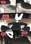2026 2_horns 4_panel_comic absurd_res anthro arthopod belly belly_expansion belly_rub biped black_body black_eyes black_text blorb blush blush_lines comic dialogue ellipsis english_text exclamation_point expansion eyebrows female hand_on_belly hi_res hollow_knight:_silksong hollow_knight_(franchise) horn hornet_(hollow_knight) motion_lines nude partially_submerged pupils solo sound_effects speech_bubble talking_to_self team_cherry text vale-city water white_pupils white_text wobble_(sound_effect)
