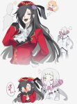  1girl 2boys arm_behind_back ascot black_hair blonde_hair blush breasts chisha_gold commentary_request covering_face covering_own_eyes covering_own_mouth crossdressing crossdressing_(mtf) embarrassed facepalm feathers flower fmlfamilia genderswap gloves grey_hair hair_flower hair_ornament hair_over_one_eye hat highres laughing long_hair long_sleeves multicolored_hair multiple_boys natsuki_subaru natsumi_schwarz one_eye_closed open_mouth pants priscilla_barielle purple_flower purple_rose re:zero_kara_hajimeru_isekai_seikatsu red_eyes rose short_bangs smile speech_bubble spoken_blush spoken_squiggle squiggle white_ascot white_gloves white_hair white_pants yellow_eyes 