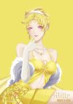  1girl absurdres artist_name bare_shoulders blonde_hair breasts character_name cleavage crescent_o-ring dress elbow_gloves eyeliner gem gloves highres hikaru_adilla instagram_logo jewelry linea_alba looking_at_viewer makeup milly_(path_to_nowhere) navel necklace o-ring o-ring_dress parted_lips path_to_nowhere pink_eyes pink_lips small_breasts white_gloves yellow_dress yellow_eyeliner yellow_gem 