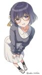  1girl bespectacled black_socks blush collarbone commentary_request cropped_sweater dress flower full_body gakuen_idolmaster glasses grey_eyes grey_sweater hair_flower hair_ornament hands_on_own_knees hataya_misuzu highres idolmaster leaning_forward long_sleeves looking_at_viewer mole mole_under_mouth open_mouth osoba_susurukun purple_hair shoes short_hair simple_background smile sneakers socks solo standing sweater tassel tassel_hair_ornament twitter_username white_background white_dress yellow-framed_eyewear 
