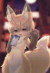  2021 4_fingers absurd_res alcohol anthro beverage beverage_can blurred_background blush breasts brown_body brown_eyes brown_fur canid canine chest_tuft claws cute_fangs dipstick_ears dipstick_tail eyebrows featureless_breasts female finger_claws fingers fluffy fluffy_tail fox fur gesture gloves_(marking) hair hi_res holding_beverage holding_object inner_ear_fluff japanese_text kemono looking_at_viewer mammal markings moon multicolored_ears navel night nude open_mouth outside pawpads portrait racal_ra short_hair signature small_breasts solo tail_markings tan_body tan_fur tan_hair text three-quarter_portrait tongue translated_description translation_request tuft waving white_body white_fur 