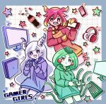  3girls :< alternate_costume blonde_hair blue_hoodie blue_skin blush bottle chips_(food) colored_skin commentary computer_keyboard computer_mouse controller double-parted_bangs earrings food game_controller gradient_hair green_hair green_hoodie grey_hair grin hair_between_eyes handheld_game_console headphones highres holding holding_controller holding_game_controller holding_handheld_game_console hood hood_down hoodie humphrey_(omori) jewelry long_sleeves marina_(omori) medusa_(omori) molly_(omori) monitor multicolored_hair multiple_girls nintendo_switch nyannyanrone omori open_mouth parted_bangs pink_eyes pink_hair pink_hoodie pink_skin potato_chips red_eyes sharp_teeth short_hair smile soda_bottle sphere_earrings teeth tentacle_hair two-tone_hair untranslatable_commentary 