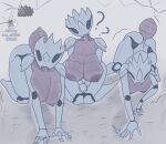2026 5_fingers all_fours anthro areola arthopod arthropod_abdomen artist_name biped breasts empty_eyes english_text eyelashes female fingers group hi_res hollow_knight_(franchise) looking_at_viewer low_oil nipples pose question_mark shoulder_pads sitting team_cherry text trio