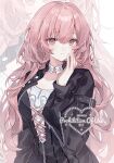  1girl arknights black_dress black_jacket breasts closed_mouth commentary dress hand_to_own_mouth hand_up heart hezi_(measukivov) highres jacket lemuen_(arknights) long_hair long_sleeves looking_at_viewer pink_eyes pink_hair sample_watermark solo untranslatable_commentary upper_body watermark zoom_layer 