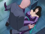  1boy 1girl arms_behind_back bald black_hair blue_sash bodysuit breasts cat's_eye collared_shirt commentary commentary_request curly_hair curvy facing_away from_above grey_suit half-closed_eyes imminent_rape kisugi_rui kneeling knees_up large_breasts looking_at_another lying mole mole_under_mouth nipple_slip nipples off_shoulder on_back on_floor orange_shirt parted_lips pink_lips purple_bodysuit purple_eyes sad sash scared shirt spandex spread_legs suit sweat tare-katsu tile_floor tiles torn torn_bodysuit torn_clothes wide_spread_legs 