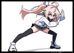  artist_name black_thighhighs blue_archive blush cardigan commentary_request dated fighting_stance halo kotoba_ayato legs_apart long_hair long_sleeves natsu_(blue_archive) no_panties pink_hair pleated_skirt red_eyes school_uniform serafuku side_ponytail simple_background skirt solo thighhighs white_cardigan zettai_ryouiki 
