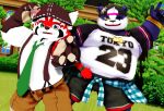  3d_(artwork) ailurid alp_(tas) anthro belly black_body black_nose blush clothing cute_fangs digital_media_(artwork) duo fur giant_panda hat headgear headwear hi_res humanoid_hands kemono lifewonders male malicekira mammal overweight overweight_male purple_body purple_fur red_body red_panda shirt tokyo_afterschool_summoners topwear ursid video_games zhurong_(tas) 