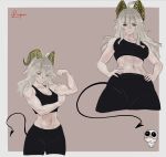  1girl abs ahoge artist_name black_horns black_pants black_sports_bra black_tail blush breasts brown_background closed_mouth curled_horns demon_tail earrings flexing from_below frown grey_hair hair_between_eyes hands_on_own_hips heart heart-shaped_pupils highres horns jewelry key_earrings large_breasts long_hair looking_at_viewer mole mole_under_eye pants red_eyes scar scar_on_arm scar_on_chest scarletlupa simple_background smile solo sports_bra symbol-shaped_pupils tail toned toned_female two-tone_background white_background wuthering_waves zani_(wuthering_waves) 