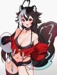  1girl absurdres ahoge animal_ears black_bra black_hair black_shorts black_thighhighs blush bra breasts cleavage hair_between_eyes heart heart_ahoge highres huge_ahoge indie_virtual_youtuber lace_collar large_breasts long_hair long_sleeves looking_at_viewer momote_(vtuber) multicolored_hair navel open_mouth red_eyes short_shorts shorts single_thighhigh skunk_ears skunk_girl skunk_tail sleeves_past_fingers sleeves_past_wrists smile solo thick_thighs thighhighs thighs two-tone_hair underwear virtual_youtuber white_background white_hair yenkoes 