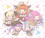  5girls ;d absurdres ahoge amane_kanata amane_kanata_(1st_costume) animal_ears asymmetrical_legwear baseball_cap black_boots black_hat black_shorts black_skirt blonde_hair blue_eyes blue_hair blue_thighhighs blue_wings blush_stickers boots breasts brown_hair candy_hair_ornament chibi cleavage cleavage_cutout clothing_cutout commentary_request crown dragon_girl dragon_horns dragon_tail dress fake_horns fang fishnet_thighhighs fishnets floral_background food-themed_hair_ornament frilled_skirt frills fur-trimmed_boots fur-trimmed_dress fur_trim gradient_hair gradient_wings green_eyes grey_hair grey_jacket hair_ornament harp hat highres himemori_luna himemori_luna_(1st_costume) holding holding_instrument hololive horned_headwear horns instrument jacket kiryu_coco kiryu_coco_(1st_costume) large_breasts long_hair long_sleeves mini_crown mini_wings mismatched_legwear mitarashi_neko multicolored_hair multicolored_wings multiple_girls one_eye_closed pink_hair plaid_clothes plaid_socks pleated_skirt puffy_long_sleeves puffy_sleeves purple_eyes purple_hair red_eyes red_skirt sheep_ears sheep_girl sheep_horns shirt shorts single_hair_intake single_thighhigh skirt sleeves_past_wrists smile socks streaked_hair striped_clothes striped_thighhighs tail thighhighs tokoyami_towa tokoyami_towa_(1st_costume) tsunomaki_watame tsunomaki_watame_(1st_costume) twintails two-tone_hair vertical-striped_clothes vertical-striped_thighhighs very_long_hair virtual_youtuber white_background white_dress white_jacket white_shirt white_wings wings 