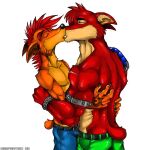  1:1 2008 activision anthro arody bandicoot belt bottomwear clothed clothing crash_bandicoot crash_bandicoot_(series) crunch_bandicoot duo embrace eyes_closed hug kissing male male/male mammal marsupial muscular pants scar topless video_games 