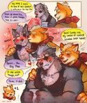  2boys absurdres animal_ears artist_name bara blush closed_eyes closed_mouth commentary cup english_commentary english_text eyepatch ezizekekiel fox_boy fox_ears fox_mccloud furry furry_male highres holding holding_cup lipstick_mark looking_at_another looking_at_viewer male_focus multiple_boys open_mouth smile speech_bubble star_fox wolf_boy wolf_ears wolf_o'donnell yaoi 