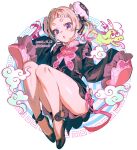  1girl 2026 :o black_dress black_shoes blonde_hair chinese_clothes commentary dated double_bun dragon dress frilled_dress frills full_body gradient_hair hair_bun hair_ornament indie_virtual_youtuber koinumaru_taneko long_sleeves looking_at_viewer multicolored_hair open_mouth pink_hair shoes short_eyebrows short_hair sleeves_past_fingers sleeves_past_wrists solo tassel tassel_hair_ornament tunapon01 twitter_username untranslatable_commentary virtual_youtuber white_background 