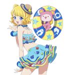  1girl :3 :d bikini bikini_skirt blonde_hair blue_bikini blue_eyes blunt_bangs bracelet brown_hat commentary_request cone_hair_bun cowboy_shot double_bun frilled_bikini frills from_behind hair_bun hand_up hat jewelry kuma_(pripara) leaning_forward looking_at_viewer minami_mirei mini_hat open_mouth pretty_series pripara seashell shell short_hair simple_background smile solo standing star_(symbol) stuffed_animal stuffed_toy swim_ring swimsuit teddy_bear uma_(umagaobanana) white_background 