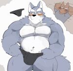  5_fingers animated anthro big_muscles black_nose blush briefs bulge butt canid canine canis clothed clothing duo eyebrows fingers fur grey_body grey_fur hi_res huge_muscles humanoid_hands hyaku_(artist) jockstrap male male/male mammal multicolored_body multicolored_fur muscular muscular_anthro muscular_male shirt short_playtime solo_focus t-shirt thick_eyebrows thong tight_clothing topless topwear two_tone_body two_tone_fur underwear white_body white_fur wolf 