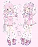  >_o 1girl :< ;3 ;d blush_stickers bow closed_mouth commentary_request dress frilled_dress frills full_body hair_ornament hair_rings halo hands_up heart highres juliet_sleeves long_hair long_sleeves looking_at_viewer multiple_views niyu_(nennenkorori3) one_eye_closed open_mouth original outline pink_background pink_hair pink_shoes puffy_sleeves purple_bow purple_halo shoes short_dress simple_background sleeve_bow smile sneakers socks standing white_bow white_dress white_outline white_socks wing_hair_ornament 