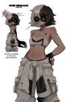  1girl ^_^ absurdres asymmetrical_arms breasts character_name chibi chibi_inset claws cleavage closed_eyes clothes_around_waist coke-bottle_glasses dark_skin english_text glasses hand_on_own_hip highres medium_hair multicolored_hair navel ny_000a original oversized_clothes scar scar_on_arm small_breasts split-color_hair spoken_expression sports_bra tan tanlines twitter_username two-tone_hair white_background 