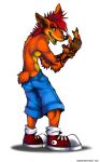  activision anthro arody bandicoot bottomwear clothed clothing crash_bandicoot crash_bandicoot_(series) footwear green_eyes hi_res looking_at_viewer male mammal marsupial pants shoes smile solo topless video_games 
