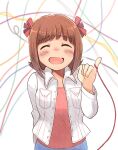  1girl amami_haruka arm_behind_back bow breast_pocket brown_hair closed_eyes collared_jacket facing_viewer hair_bow hand_up idolmaster idolmaster_(classic) idolmaster_1 jacket long_sleeves multiple_hair_bows open_clothes open_jacket open_mouth pink_shirt pocket raised_inner_eyebrows red_bow shirt short_hair smile solo standing string_around_finger tsubobot upper_body white_jacket 