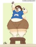  anthro beard belly canid canine canis clothing deep_navel domestic_dog eyewear facial_hair furniture glasses goatee huge_thighs male mammal midriff moobs motion_lines mustache navel nekocrispy obese overweight reaching_for_object shirt short solo square_glasses stool t-shirt teapot_(body_type) text thick_thighs too_short topwear url wide_hips 