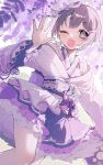  1girl flower furisode grey_eyes grey_hair highres idolmaster idolmaster_cinderella_girls idolmaster_cinderella_girls_starlight_stage japanese_clothes kimono looking_at_viewer one_eye_closed open_mouth otokura_yuuki petals purple_kimono shine_asahi short_hair smile solo waving wisteria 
