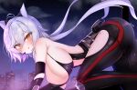  1girl :o absurdres all_fours animal_ears azur_lane backless_bodysuit bare_shoulders bent_over black_bodysuit black_gloves blush bodysuit breasts cityscape clothing_cutout curious elbow_gloves from_side gloves hair_between_eyes headset highres kneeling large_breasts legs looking_at_viewer looking_back maya_(azur_lane) maya_(hunter_of_the_heart)_(azur_lane) min1910 night on_one_knee orange_eyes outdoors scarf sky slit_pupils solo star_(sky) starry_sky thigh_cutout thighs white_hair white_scarf yellow_eyes 