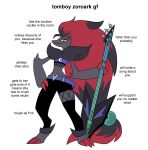 2026 3_claws absurd_res anthro arm_tuft belt big_hair biped black_body black_bottomwear black_clothing black_eyebrows black_fur black_pants black_text bottomwear claws clothed clothed_anthro clothed_female clothing digitigrade ear_piercing ear_ring elbow_tuft english_text eye_markings eyebrows facial_piercing female fishnet_clothing fishnet_legwear fishnet_topwear fur generation_5_pokemon grey_body grey_fur guitar hair hand_on_hip hi_res holding_guitar holding_musical_instrument holding_object legwear markings musical_instrument nintendo nose_piercing nose_ring nova_(odeko-yma) odeko-yma pants piercing plucked_string_instrument pokemon pokemon_(species) red_body red_claws red_fur red_hair red_inner_ear red_markings ring_piercing septum_piercing septum_ring simple_background smile smug solo standing string_instrument teal_eyes text tomboy topwear tuft white_background white_sclera zoroark