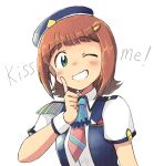  1girl ;) amami_haruka blue_vest brown_hair collared_shirt english_text finger_to_cheek green_eyes grin hand_up hat idolmaster idolmaster_(classic) index_finger_raised long_hair necktie no_hair_bow one_eye_closed red_necktie shirt short_hair short_sleeves simple_background smile solo tsubobot upper_body vest white_background white_shirt 