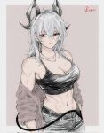  1girl ahoge alternate_costume artist_name black_horns black_tank_top breasts brown_jacket casual closed_mouth curled_horns denim earrings grey_background grey_hair grey_pants hair_between_eyes highres horns jacket jeans jewelry key_earrings large_breasts long_hair looking_at_viewer mole mole_on_breast necklace pants red_eyes scar scar_on_arm scar_on_breasts scar_on_chest scarletlupa simple_background solo tank_top toned toned_female two-tone_background unworn_jacket upper_body white_background wuthering_waves zani_(wuthering_waves) 