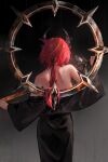  1girl absurdres alternate_costume arknights arknights:_endfield black_horns black_robe breasts commentary erikvarts facing_away from_behind hair_ornament highres holding holding_sword holding_weapon horns laevatain_(arknights) long_hair low_ponytail medium_breasts off_shoulder ponytail red_hair robe shoulder_blades signature solo surtr_(arknights) sword weapon 