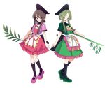  2girls absurdres apron baba_(baba_seimaijo) back_bow bamboo black_bow black_hat black_socks bow bowtie brown_bow brown_hair brown_hat commentary_request dress full_body green_dress green_eyes green_hair green_shoes hat highres holding holding_plant kneehighs mary_janes multiple_girls myouga_(plant) nishida_satono pink_dress pink_shoes plant purple_eyes red_bow red_bowtie shoes short_hair_with_long_locks short_sleeves simple_background socks tate_eboshi teireida_mai touhou waist_apron white_apron white_background yellow_bow yellow_bowtie 